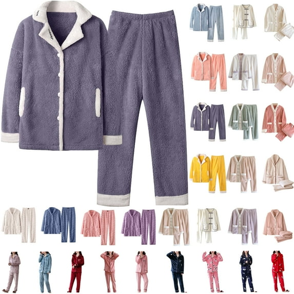 Feancey Sales Today Warm Pajamas for Women Soft Comfy Set Cute Dog Print Loungewear Sets Winter Button Down Flannel Sleepwear and Pants Pjs Two Piece with Pockets Pink XL