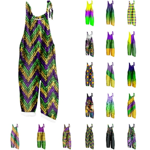 Feancey Sales Today Womens Jumpsuits Summer, Mardi Gras Overalls for Women Hippie Sequin Print Wide Leg Rompers Carnival Themed Sleeveless Bib Overalls Multicolor L