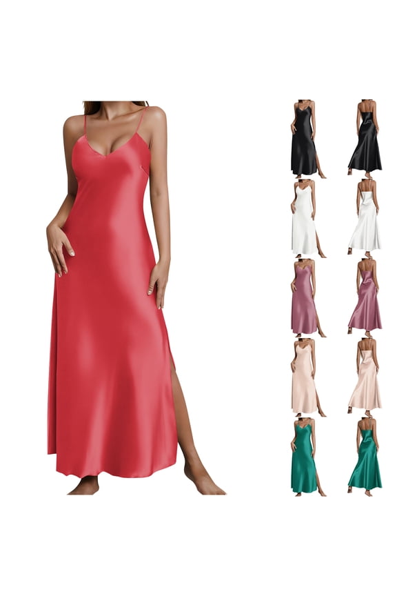 Satin Maxi Dresses for Women Split Sleeveless Long Nightgowns Spaghetti Strap Scoop Neck Cami Dress Soft Silky Nightdress Rose Gold XXL