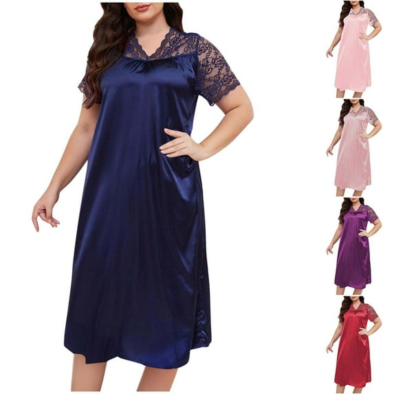 Feancey Satin Nightgowns for Women Plus Size Lace V Neck Short Sleeve Nightdress Loose Fit Casual Silk Sleep Dress Solid Color Loungewear Summer Sales Wine 5XL