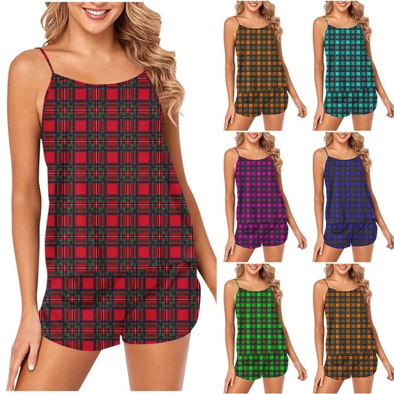 Feancey Satin Pajamas Sets for Women Plaid Print Cami Shorts Pjs Set Soft Cozy Silk Sleepwear Two Piece Cute Casual 2 Piece Loungewear Novelty Gifts Yellow S