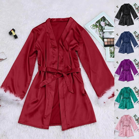 Feancey Satin Robe for Women Furry Sleeve Kimonos Sleepwear Soft Silk Bride Bathrobe Cozy Lingerie Robes Bridesmaid Belted Nightdress Red L