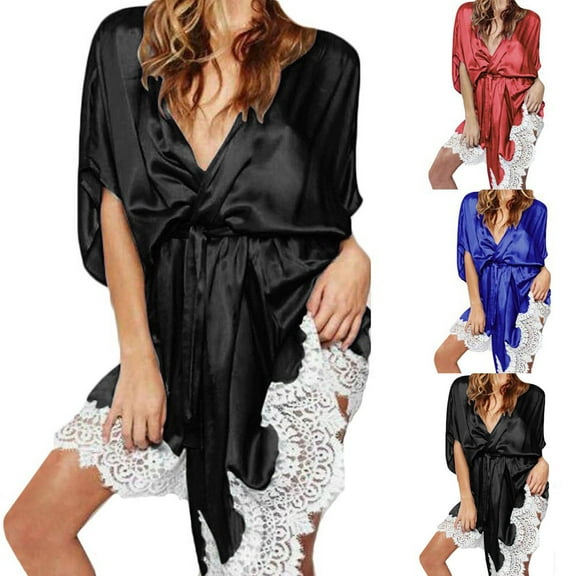 Feancey Satin Robes for Women Lace Trim Bathrobe Loose Short Sleeve Open Front Nightgowns Cozy Soft Loungewear Sleepwear with Belt Black 2XL