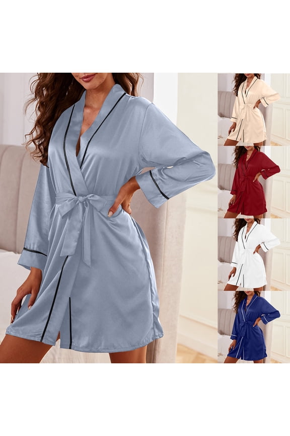 Satin Robes for Women Silk Kimono Robe Soft Lightweight Nightgowns Cozy Short Belted Nightshirt Fashion Short Sleepwear Black M