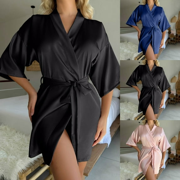 Feancey Satin Silk Robes for Women Knee Length Short Kimono Robe Soft Lightweight Bride Sleepwear Belted Bridesmaid Nightgowns Black L