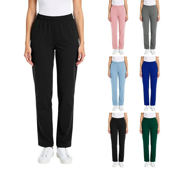 Feancey Scrub Pants for Women Elastic Waist Straight Leg Work Pants Solid Color Loose Lounge Pants Nurse Casual Comfy Trousers with Pockets Pink M