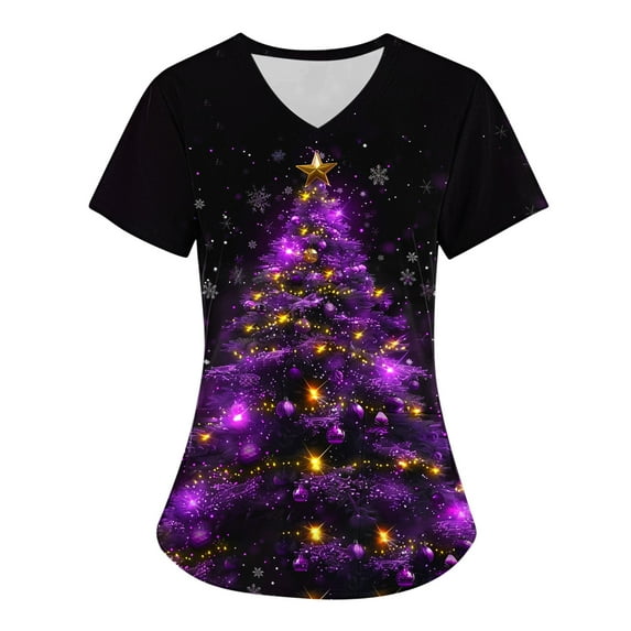 Feancey Scrub Tops Women Print Nurse Uniforms Novelty Xmas Tree Graphic Scrubs Stretchy Casual Short Sleeve V Neck Working Tunic Blouse with Pockets Multicolor S