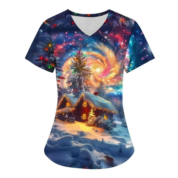 Feancey Scrub Tops Women Stretchy Nursing Shirts Novelty Christmas Tree Print Woking Uniforms Xmas Casual Short Sleeve V-Neck Tunic Blouse with Pockets Multicolor0 L