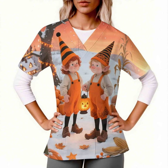 Feancey Scrubs Tops for Women Short Sleeve Thanksgiving Scrub Shirts Novelty Holiday Print Nursing Uniforms Soft Stretchy Working T-Shirt with Pockets Orange L