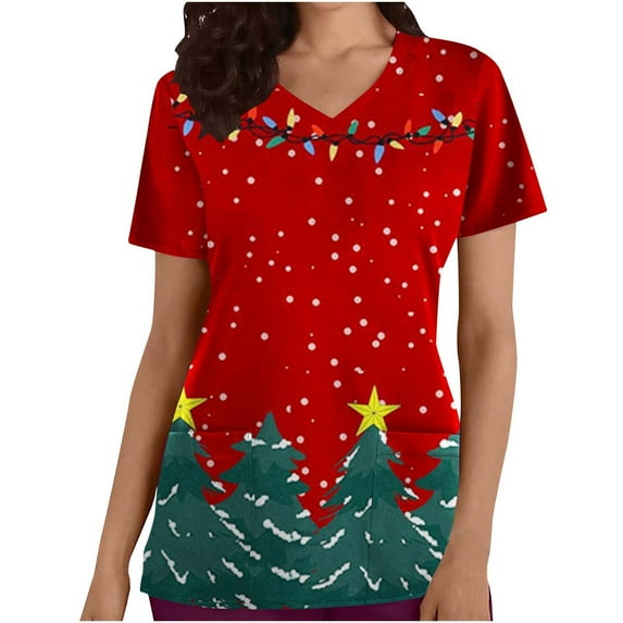 Feancey Scrubs for Women Tops Printed Christmas Scrub Shirts Soft Stretchy Nursing Uniforms Nurse Short Sleeve V-Neck Working T-shirts with Pockets Christmas Multicolor M