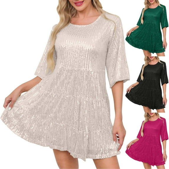 Feancey Semi Formal Sequin Dresses for Women Elegant High Waist Short Sleeve Midi Dress Irregular Ruffle Hem Flowy Evening Party Gowns