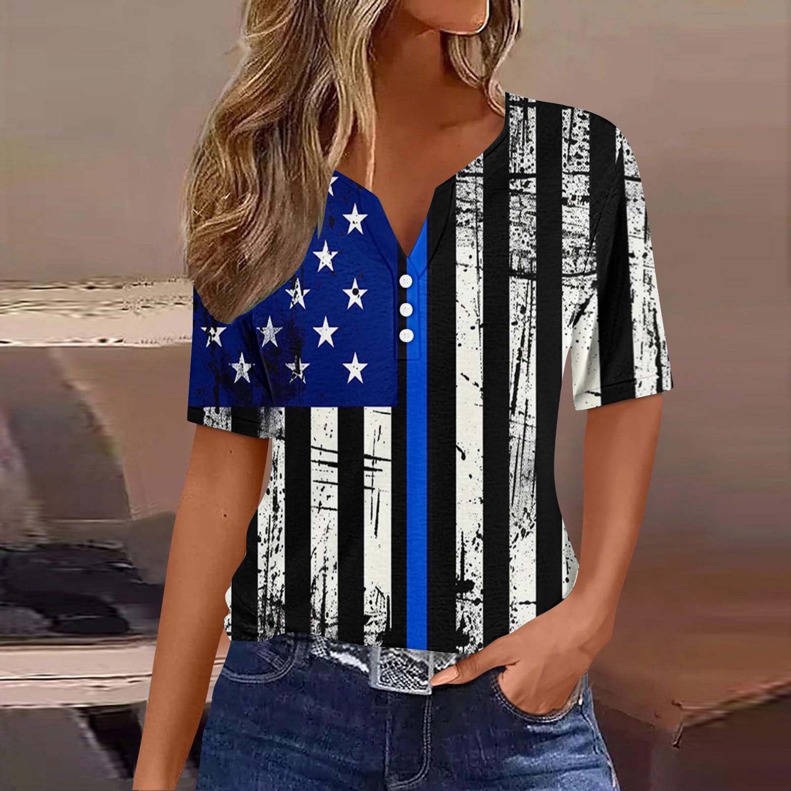 Women's American Flag Cold Shoulder Blouse - 4th Of July Patriotic Tie Dye V-Neck Tee (Cotton Blend)