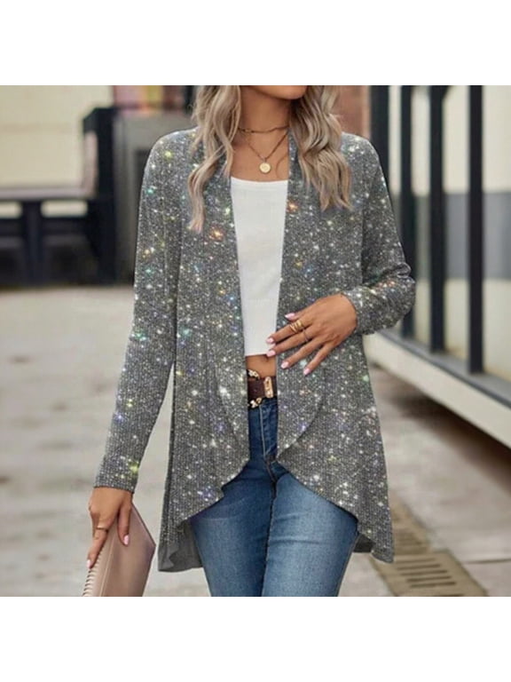 Sequin Cardigans for Women Long Sleeve Sparkly Open Front Cardigan Glitter Trendy Duster Jackets Dressy Elegant Cocktail Party Wear S