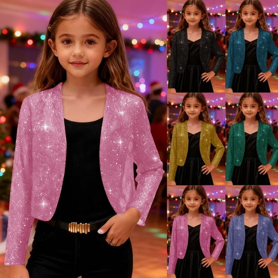 Feancey Sequin Jacket for Girls Long Sleeve Open Front Cardigan Shrug Girl Bolero Party Sparkly Cropped Jackets Coat Dark Blue 13 Years