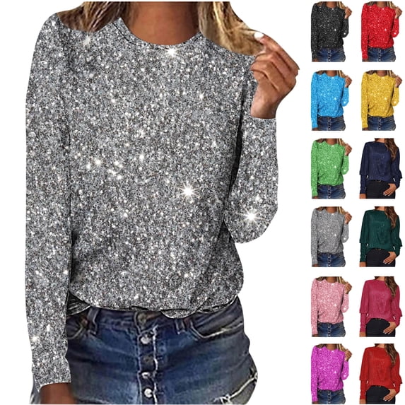 Feancey Sequin Printed Tops for Women Long Sleeve Crewneck T-shirt Sparkly Glitter Party Blouses Dressy Casual Three Quarter Length Tee Shirts Daily Sales Green XL