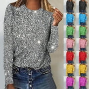 Feancey Sequin Printed Tops for Women Long Sleeve Crewneck T-shirt Sparkly Glitter Party Blouses Dressy Casual Three Quarter Length Tee Shirts Prime Day Deals Today 2024 Black M