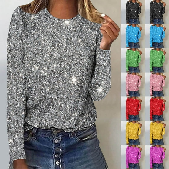 Feancey Sequin Printed Tops for Women Long Sleeve Crewneck T-shirt Sparkly Glitter Party Blouses Dressy Casual Three Quarter Length Tee Shirts Sales Today Clearance Pink M