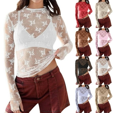 Feancey Sheer Tops for Women Long Sleeve Mock Neck Mesh Blouse See Through Floral Embroidery Lace Tops 2025 Trendy Going Out Fishnet Shirt 50 Percent off Deals Today Black S