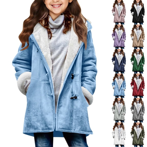 Feancey Sherpa Lined Jackets for Girls Long Casual Horn Button Winter Coats Fleece Warm Hooded Suede Jacket Little Girl Fuzzy Trench Coat with Pockets Purple 10 Years