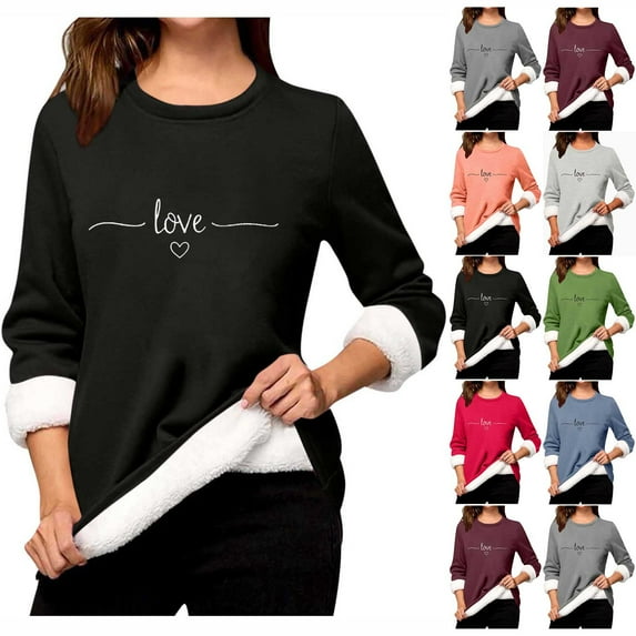 Feancey Sherpa Lined Tops Women Love Heart Print Crewneck Sweatshirts Winter Fleece Thermal Loungewear Top Cozy Soft Pajamas Black S