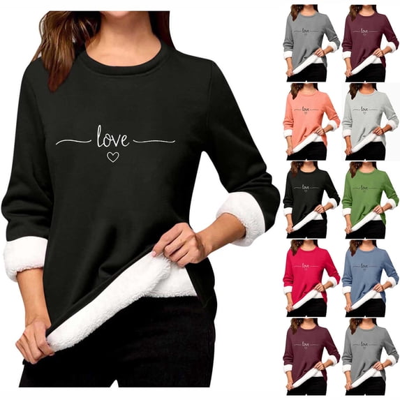 Feancey Sherpa Lined Tops Women Love Heart Print Crewneck Sweatshirts Winter Fleece Thermal Loungewear Top Cozy Soft Pajamas Watermelon Red XXL