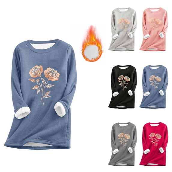 Feancey Sherpa Lined Women Tops Winter Casual Floral Print Crewneck Pullover Comfy Fleece Thermal Loungewear Thicken Warm Christmas Pajamas Gray M