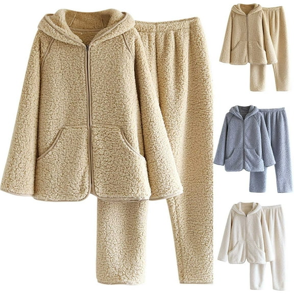 Feancey Sherpa Women Pajama Sets Winter Fleece Zip Up Hoodies and Long Pants 2 Piece Outfits Solid Color Casual Loungewear Pjs Set Womens Sleepwear Two Piece Blue M