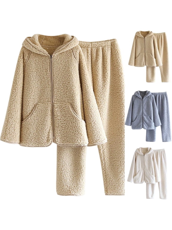 Sherpa Women Pajama Sets Winter Fleece Zip Up Hoodies and Long Pants 2 Piece Outfits Solid Color Casual Loungewear Pjs Set Womens Sleepwear Two Piece Blue M