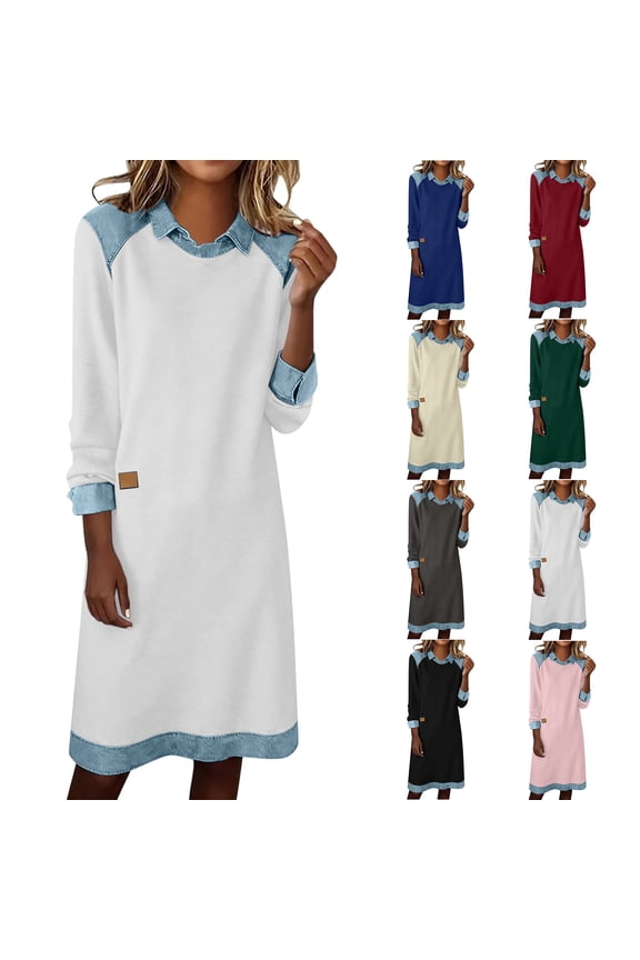 Shift Dress for Women Faux Denim Patchwork Long Sleeve Lapel Collar Midi Dresses Loose Fit Casual Sweatshirt Dress Trendy Summer Dresses Gray S