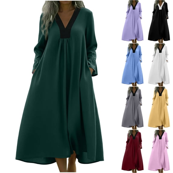 Feancey Shift Maxi Dresses for Women Loose Fit Casual Long Sleeve V Neck Linen Dress Color Block Vintage Beach Vacation Dresses with Pockets Red 3XL