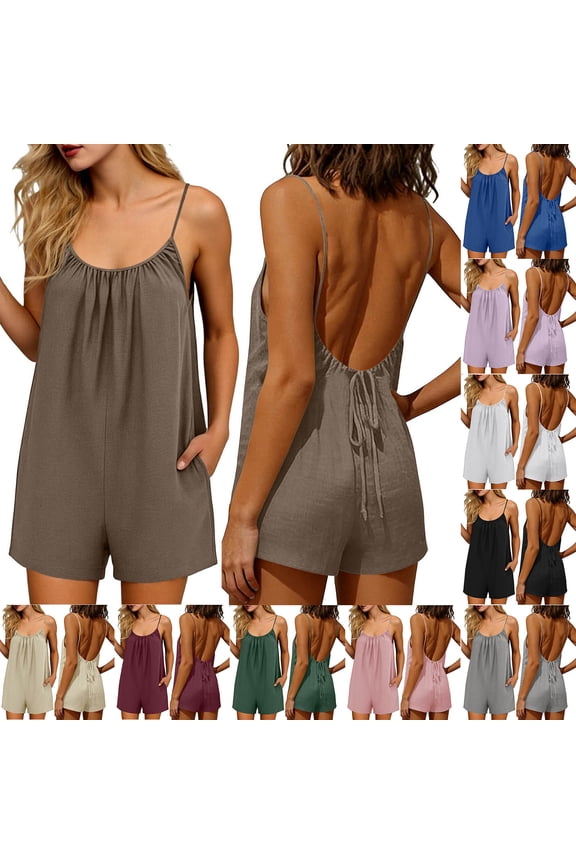 Short Jumpsuits for Women Backless Spaghetti Strap Loose Rompers Tie Back Casual One Piece Jumpsuit Summer Boho Romper Shorts Army Green L