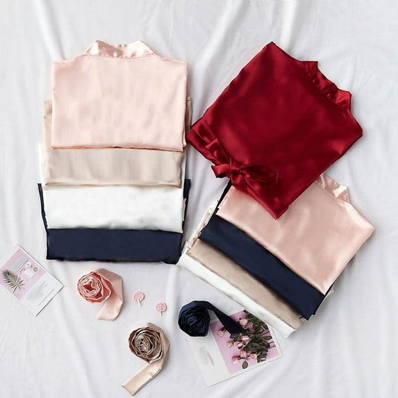 Feancey Short Kimono Robe for Women Satin Silk Soft Bathrobe Bride Wedding Party Sleepwear Comfy Bridesmaid Nightdress Loungewear with Belt Red 2XL