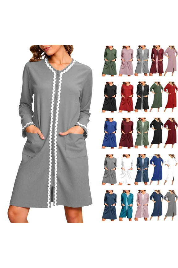 Short Nightgowns for Women Zipper Front Long Sleeve Housecoat Lightweight Casual Zip Up Robes Loungewear Pajama Dress with Pockets White M