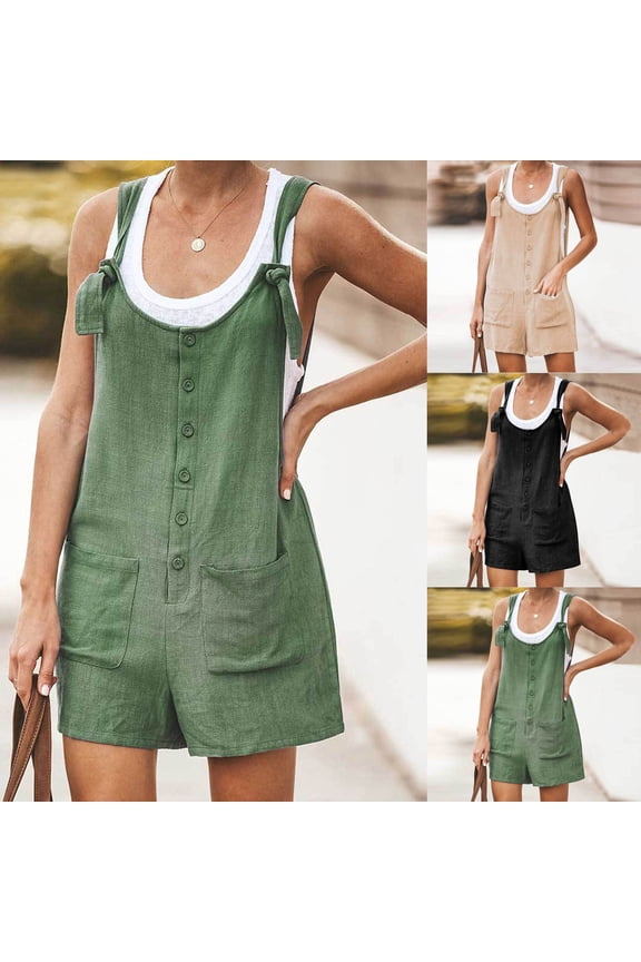 Short Overalls for Women Loose Fit Cotton Linen Rompers Summer Plus Size Lace Up Straps Jumpsuits Casual Button Down Playsuit with Pockets Black 4XL