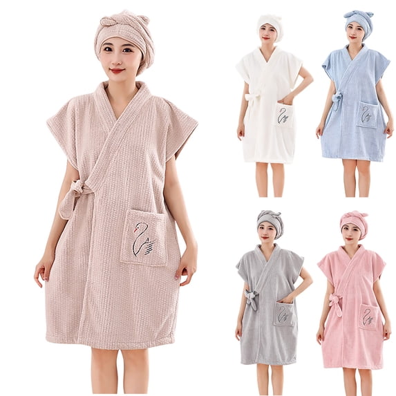 Feancey Short Robes for Women Fuzzy Warm Bathrobe Winter Casual Short Sleeve Spa Robe Comfy Fleece Belted Robes with Shower Cap Khaki Free Size
