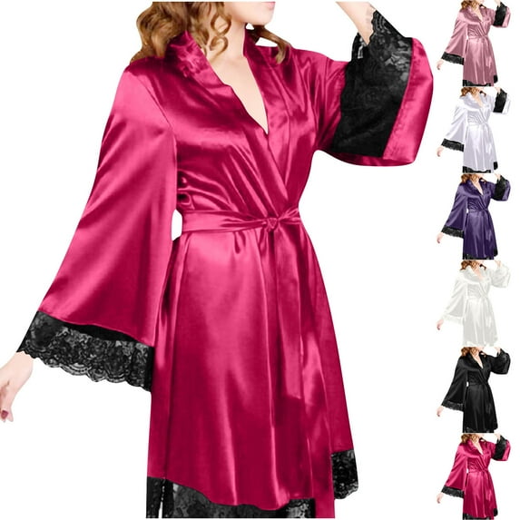 Feancey Short Satin Silk Robes for Women Long Sleeve Lace Trim Kimono Bathrobe Dressy Elegant Bridesmaid Bride Party Robe Knee Length Soft Nightgowns Navy S