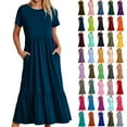 thumbnail image 1 of Feancey Short Sleeve Maxi Dresses for Women with Pockets Casual High Waist Solid Color Long Dress Summer Loose Swing Dresses Tiered Pleated A Line Dress,Dark Purple,2XL, 1 of 9