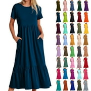 Feancey Short Sleeve Maxi Dresses for Women with Pockets Casual High Waist Solid Color Long Dress Summer Loose Swing Dresses Tiered Pleated A Line Dress,Silver,M