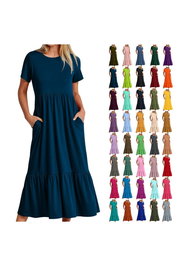 Short Sleeve Maxi Dresses for Women with Pockets Casual High Waist Solid Color Long Dress Summer Loose Swing Dresses Tiered Pleated A Line Dress,Yellow,M