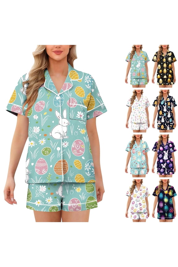 Short Sleeve Pajama Set for Women Easter Eggs Printed Lounge 2 Piece Sets Comfy Casual Button Down Sleepwear with Shorts Pjs Two Piece White XXL