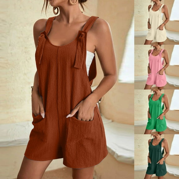 Feancey Summer Jumpsuit for Women Lace-Up Strap Short Rompers Solid Color Casual Loose Shorts Overalls with Pockets Spring Sale 2025 Wine S