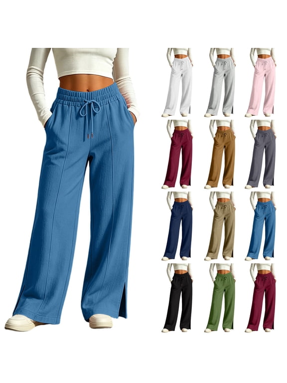 Side Split Wide Leg Pants for Women Cotton Linen Casual Palazzo Pants Loose Fit Drawstring High Waisted Slacks with Pockets Wine S