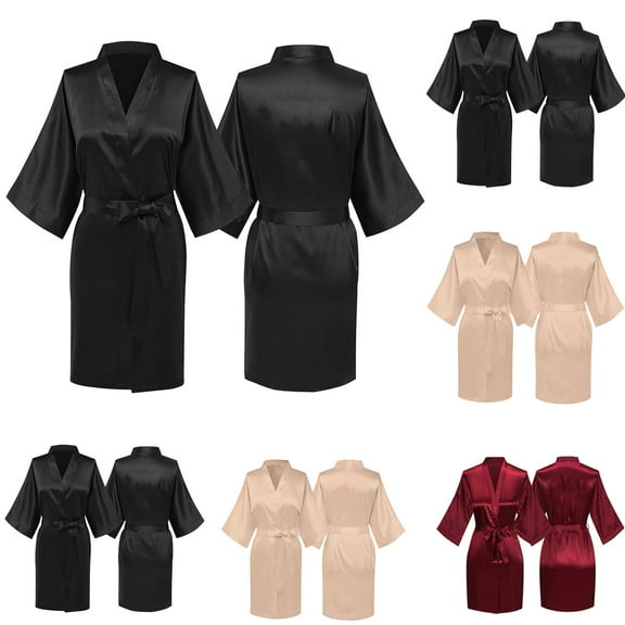 Feancey Silk Kimono Robes for Women Short Bathrobe Soft Satin Nightdress Cozy Bridesmaid Weddding Party Dressing Gown Sleepwear with Belt Black XL