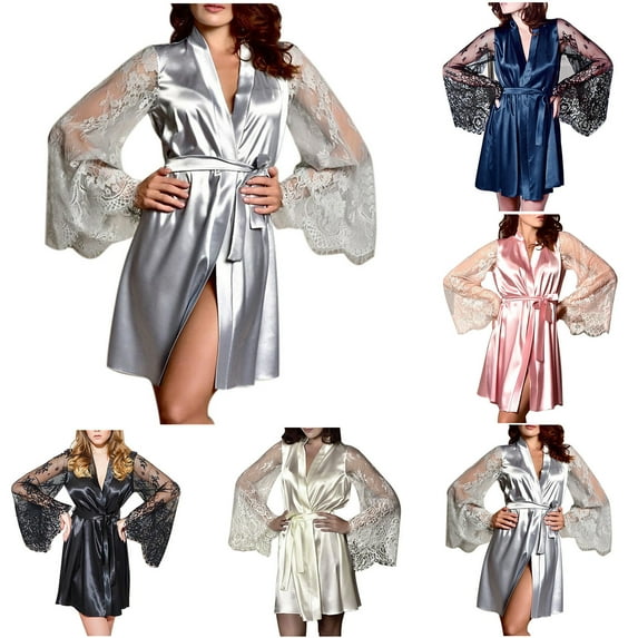 Feancey Silk Robes for Women Lace Hollow Out Long Sleeve Sleepwear Soft Satin Kimono Bathrobe Short Belted Robes Bride Nightgowns Pink XL