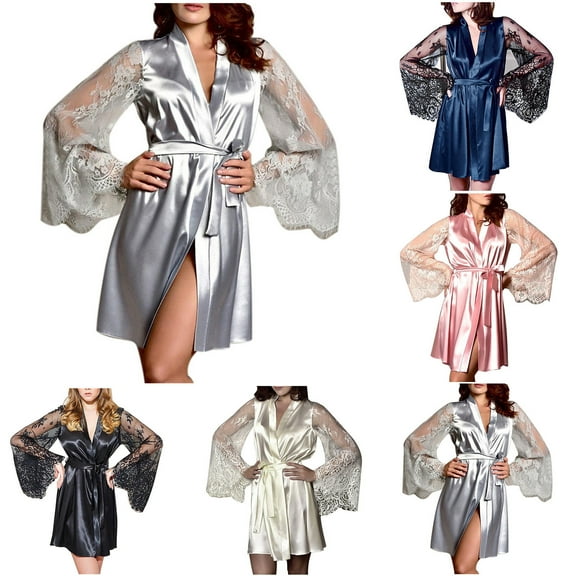 Feancey Silk Robes for Women Lace Hollow Out Long Sleeve Sleepwear Soft Satin Kimono Bathrobe Short Belted Robes Bride Nightgowns Silver 2XL