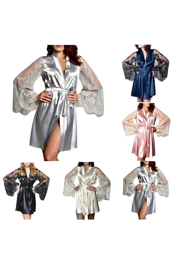 Silk Robes for Women Lace Hollow Out Long Sleeve Sleepwear Soft Satin Kimono Bathrobe Short Belted Robes Bride Nightgowns Silver 2XL