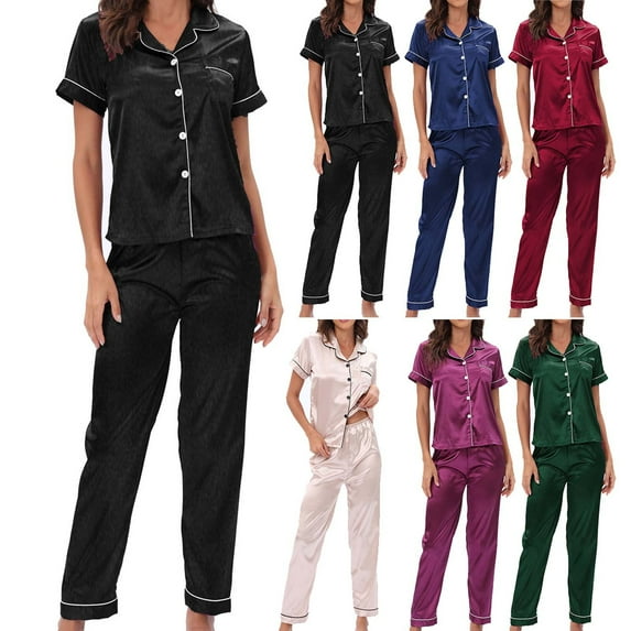 Feancey Silk Satin Pajamas Set Women Short Sleeve Sleepwear Soft Button Down Loungewear Pjs Set Fall Casual Solid Color Long Pant Sets Back to School Prime Sales,Black,M