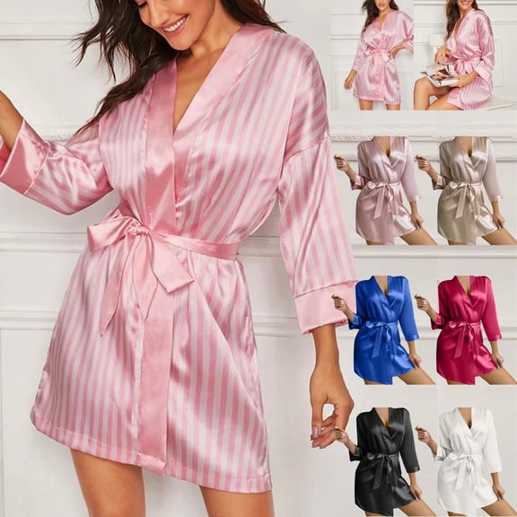 Feancey Silky Robes for Women Satin Knee Length Bride Bridesmaid Wedding Party Bathrobe Lightweight Sleepwear Soft Belted Nightgowns Red S