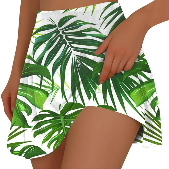 Feancey Skorts for Women Dressy Casual Palm Tree Print Tennis Skirts Summer High Waisted Stretch Golf Skirt 2025 Trendy Athletic Skorts Green M