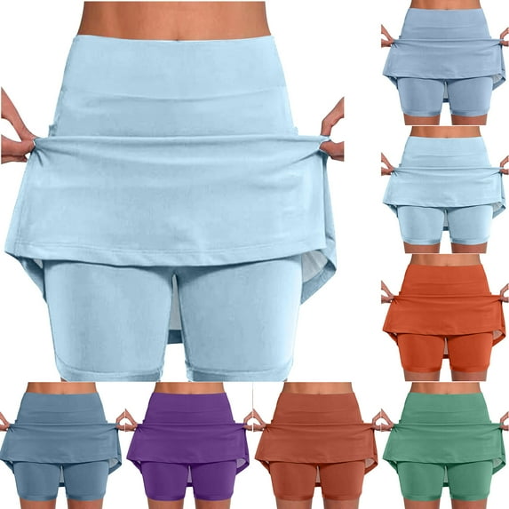 Feancey Skorts for Women Plus Size Tummy Control Tennis Skirts Solid Casual High Waisted Yoga Shorts Buttery Soft Golf Skorts with Pockets Blue XXL